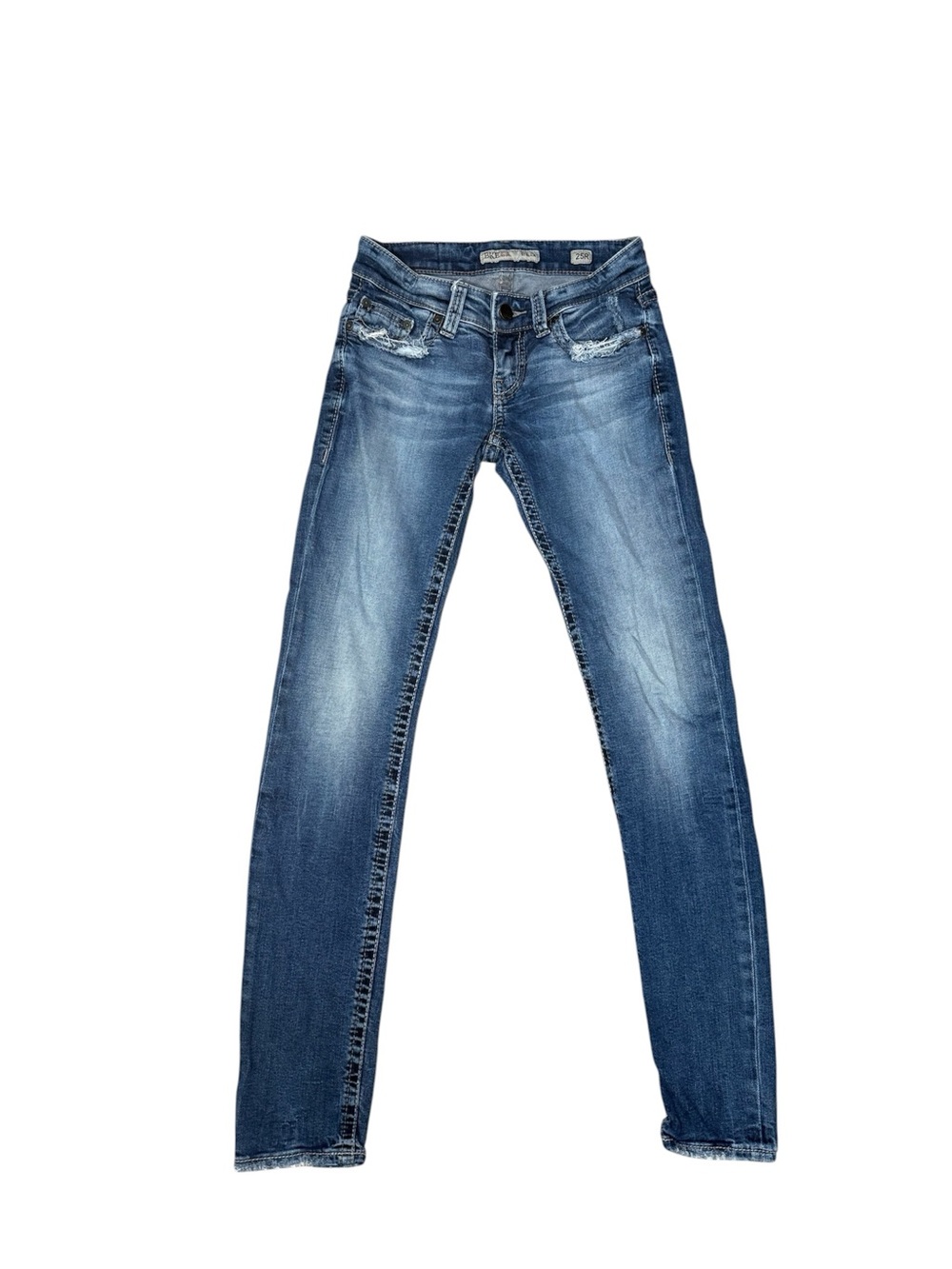BKE Stella Skinny Jeans Size 25R Medium Wash Low Rise Thick Stitch Distressed